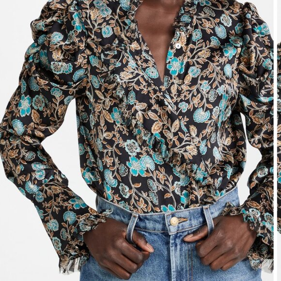 MISA Los Angeles Garance Floral Print Long Puff Long Sleeve Ruffle Trim L - Picture 1 of 13